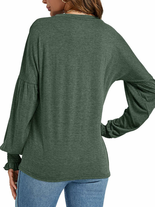 LYANER Women's V Neck Ruffle Lantern Sleeve Blouse Top Dark Green