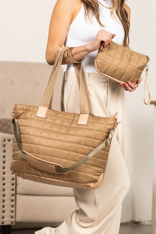 Mila Quilted Traveler Tote with Mini Clutch – Travel Bag