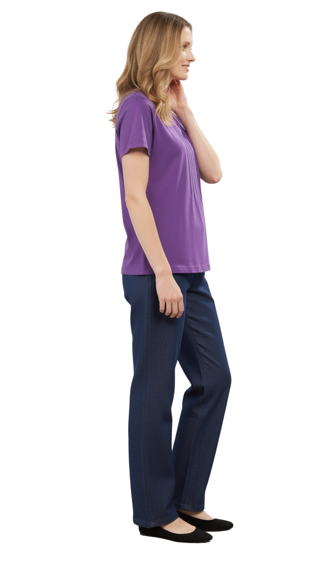 Women's Short Sleeve Cotton Knit T-shirt in Pintuck Style