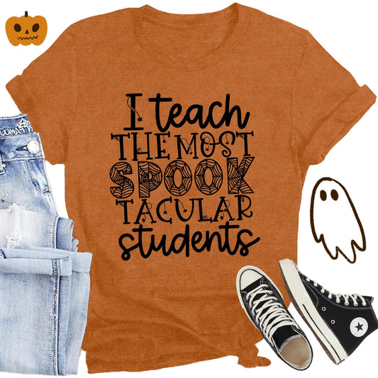 Halloween Teacher Shirt Women Funny Fall Teacher Tee