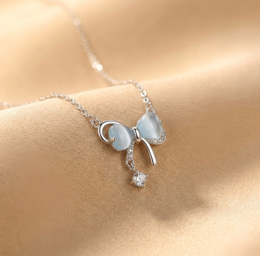 Bow Tie Necklace Solid Silver with Crystal Drop - Delicate Chain Jewelry for Sensitive Skin | Amtikiss Casuals