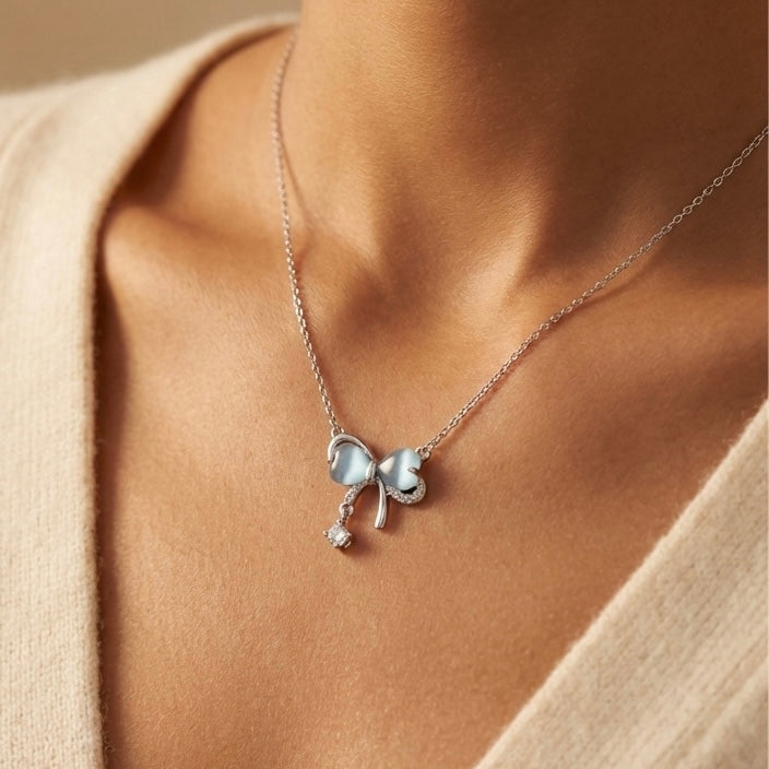 Bow Tie Necklace Solid Silver with Crystal Drop - Delicate Chain Jewelry for Sensitive Skin | Amtikiss Casuals