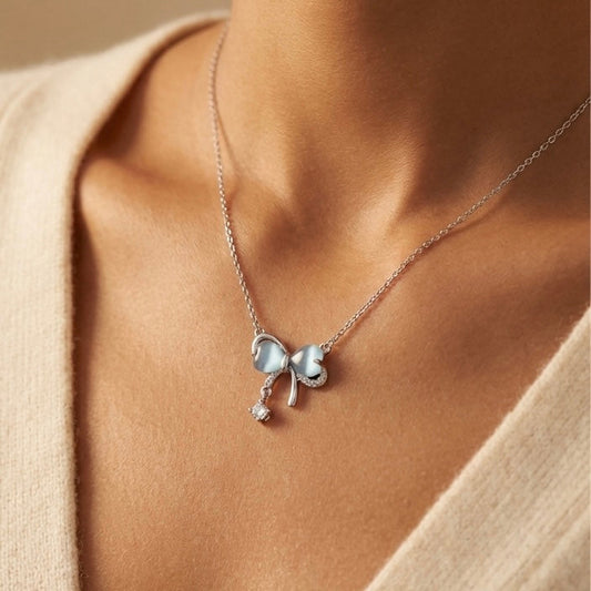 Bow Tie Necklace Solid Silver with Crystal Drop - Delicate Chain Jewelry for Sensitive Skin | Amtikiss Casuals