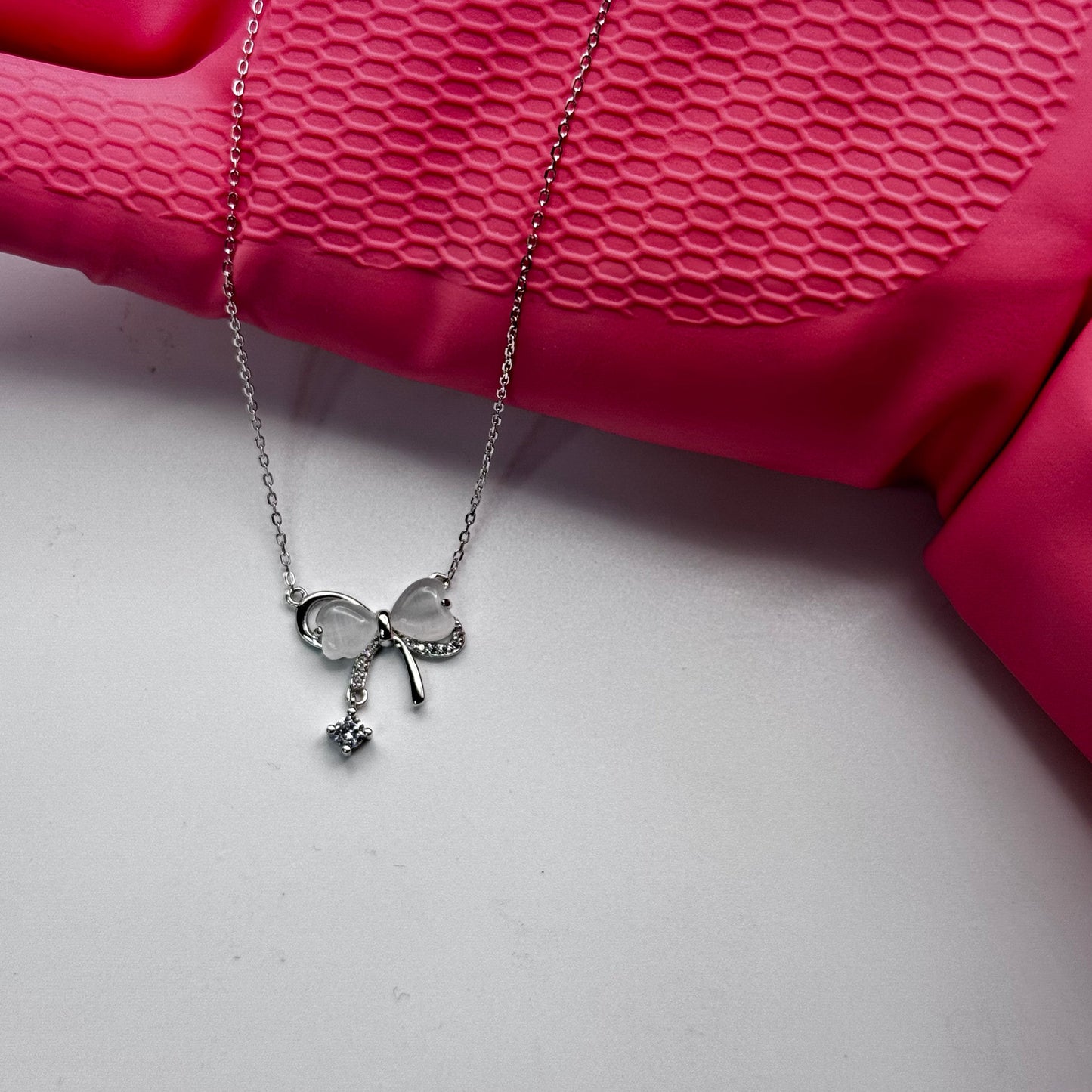 Bow Tie Necklace Solid Silver with Crystal Drop - Delicate Chain Jewelry for Sensitive Skin | Amtikiss Casuals