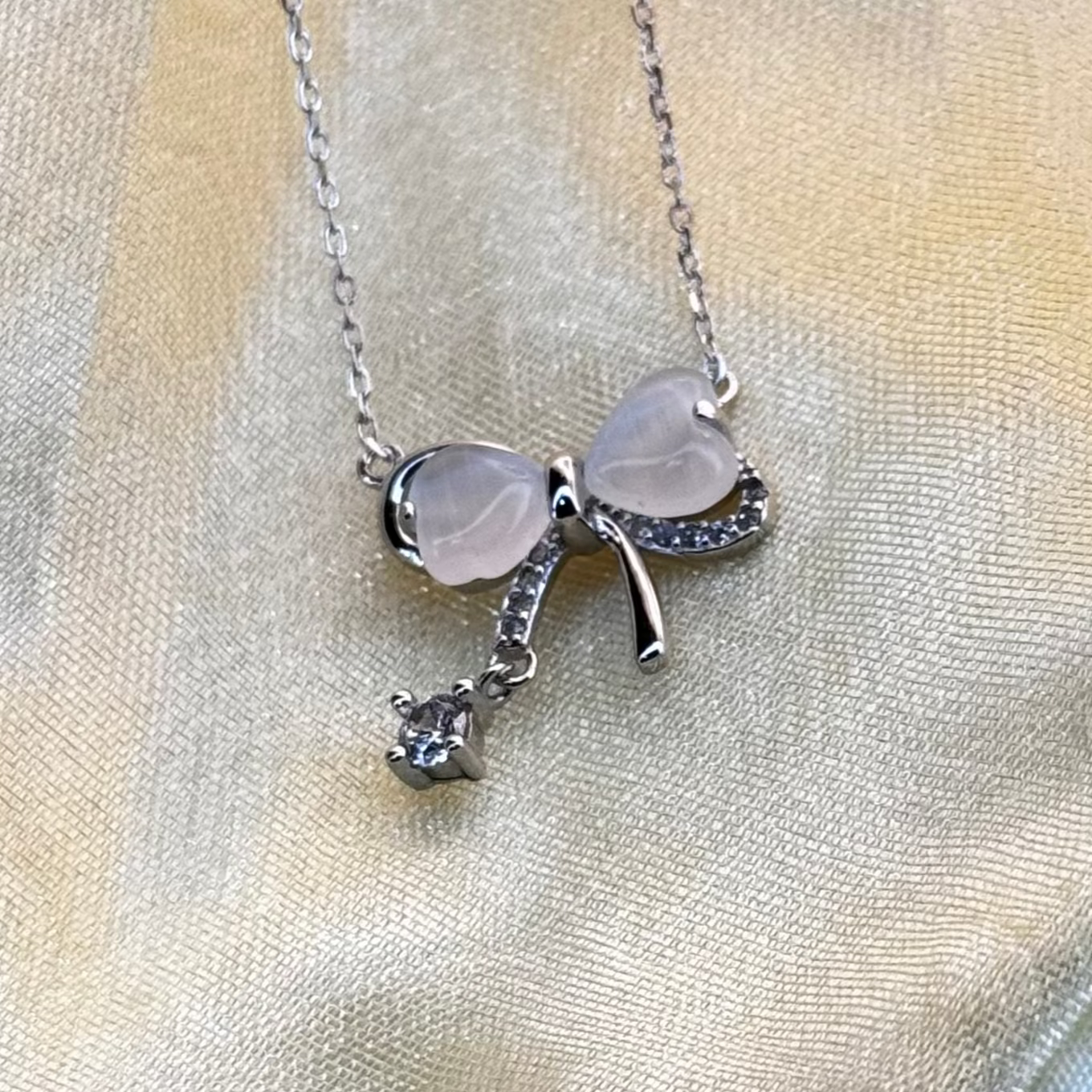 Bow Tie Necklace Solid Silver with Crystal Drop - Delicate Chain Jewelry for Sensitive Skin | Amtikiss Casuals
