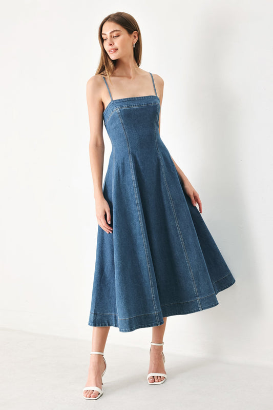 SUMMER INDIGO DENIM MIDI DRESS