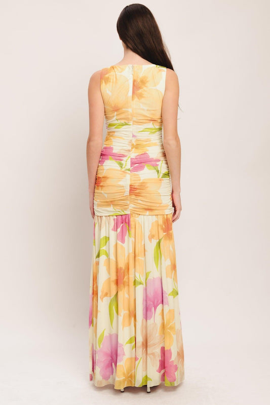 WARM BREEZE BLOOMS POWER MESH MAXI DRESS