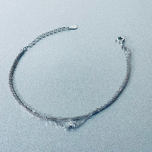 Dainty Dual-Layer 925 Sterling Silver Bracelet – Hypoallergenic Everyday Elegance with Pavé & CZ Charm