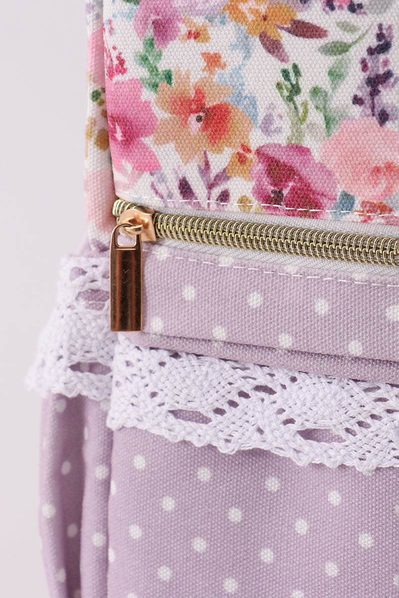 Purple floral print canvas ruffle backpack