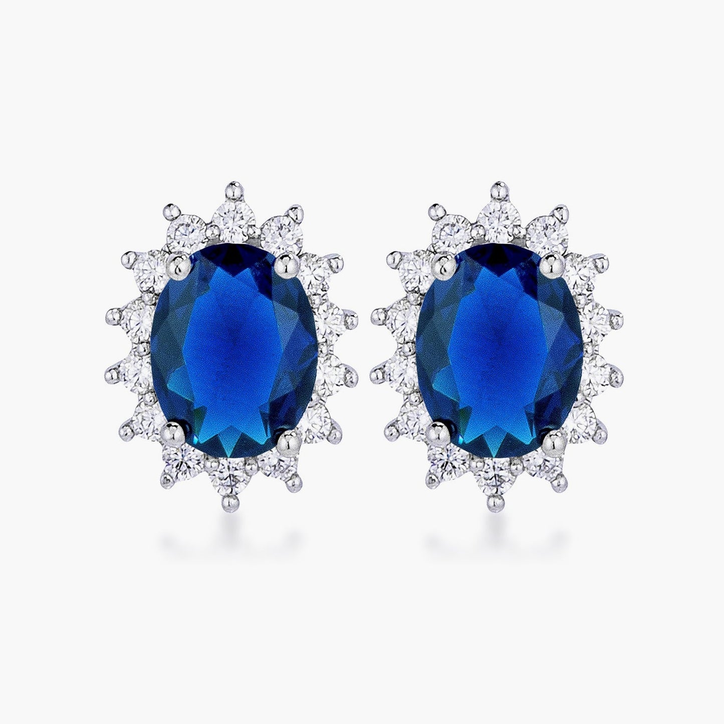 Rhodium Plated Sapphire Blue Petite Royal Oval Earrings