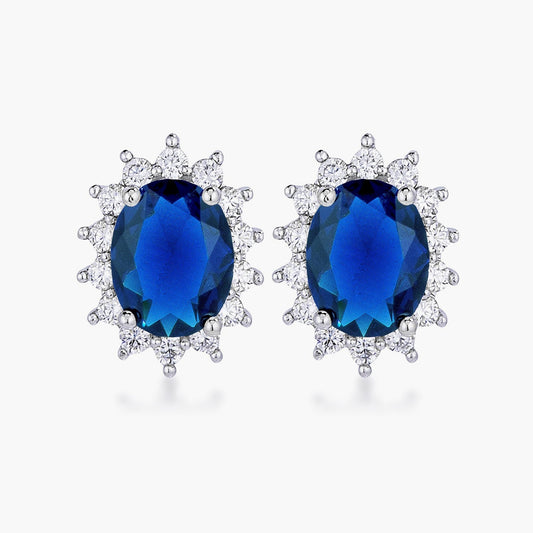 Rhodium Plated Sapphire Blue Petite Royal Oval Earrings