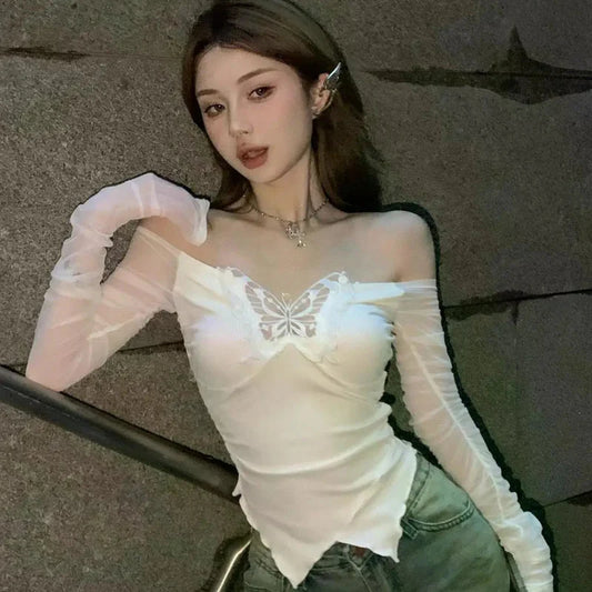 Off-Shoulder Butterfly Lace Top