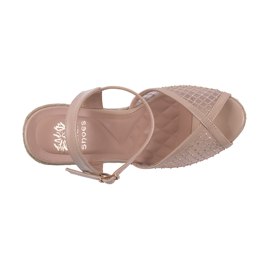 Women's Mila Nude Embellished Mesh Espadrille Wedge Sandals