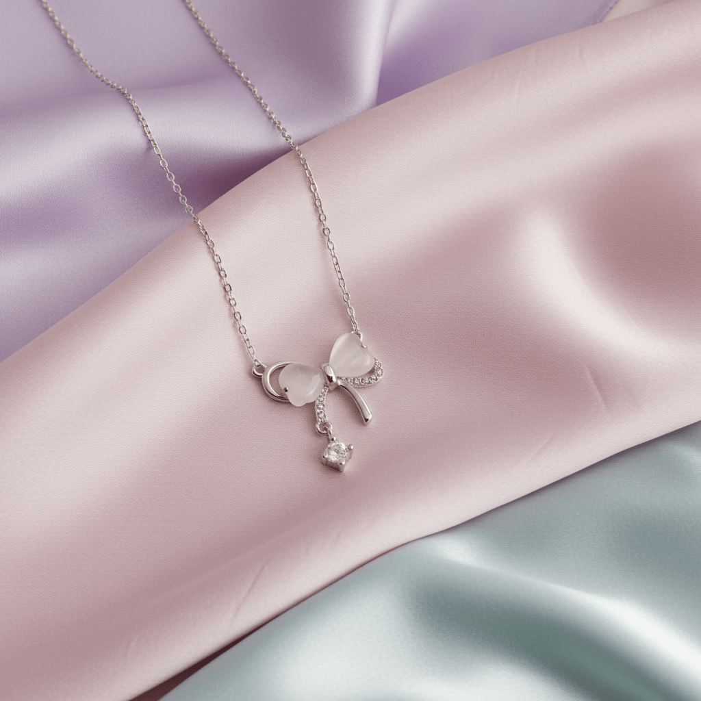 Bow Tie Necklace Solid Silver with Crystal Drop - Delicate Chain Jewelry for Sensitive Skin | Amtikiss Casuals