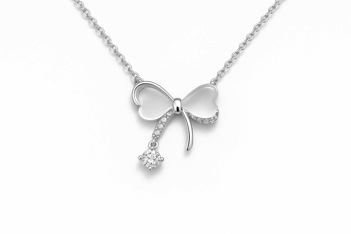 Bow Tie Necklace Solid Silver with Crystal Drop - Delicate Chain Jewelry for Sensitive Skin | Amtikiss Casuals