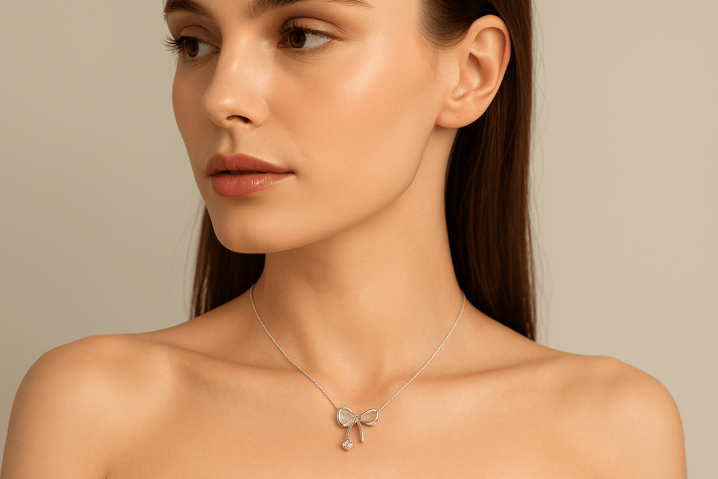 Bow Tie Necklace Solid Silver with Crystal Drop - Delicate Chain Jewelry for Sensitive Skin | Amtikiss Casuals