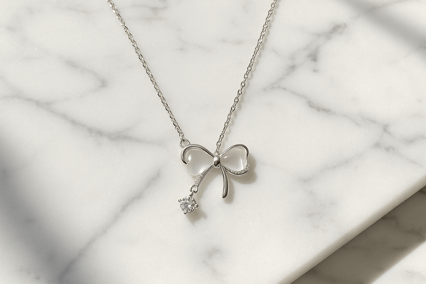 Bow Tie Necklace Solid Silver with Crystal Drop - Delicate Chain Jewelry for Sensitive Skin | Amtikiss Casuals