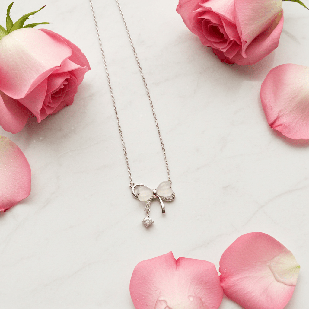 Bow Tie Necklace Solid Silver with Crystal Drop - Delicate Chain Jewelry for Sensitive Skin | Amtikiss Casuals