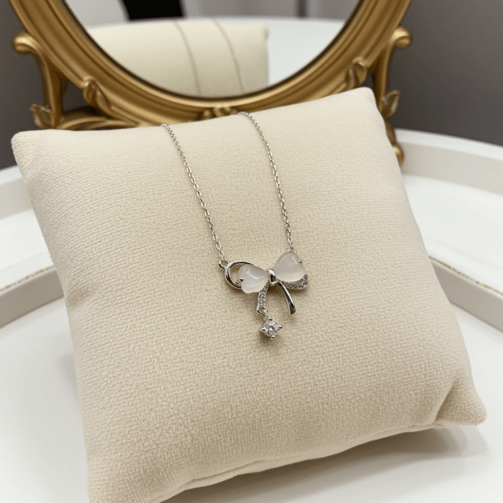 Bow Tie Necklace Solid Silver with Crystal Drop - Delicate Chain Jewelry for Sensitive Skin | Amtikiss Casuals