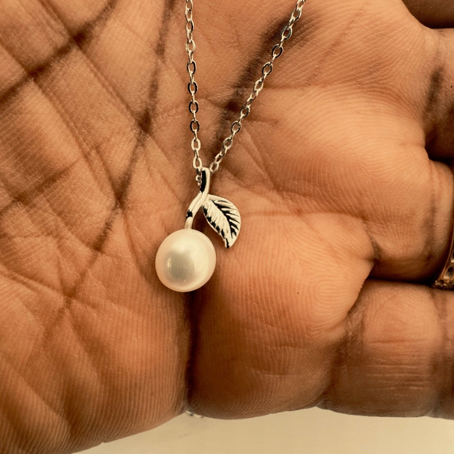 Elegant Pearl Leaf Necklace - Sterling Silver Chain with Pearl Pendant