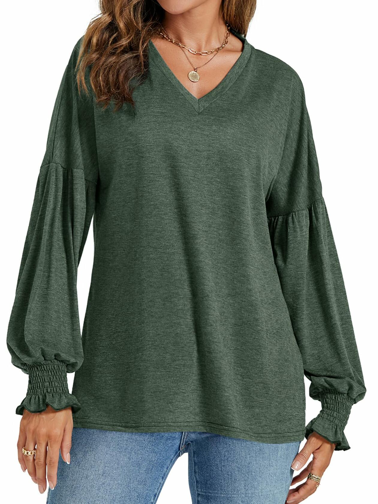 LYANER Women's V Neck Ruffle Lantern Sleeve Blouse Top Dark Green