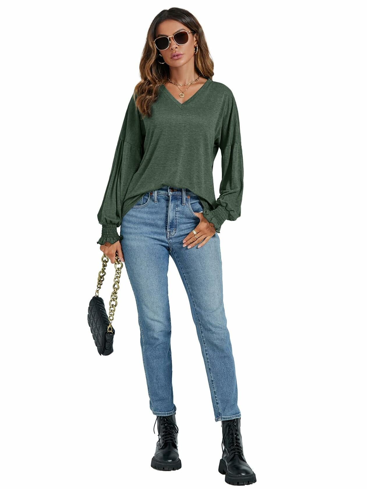 LYANER Women's V Neck Ruffle Lantern Sleeve Blouse Top Dark Green