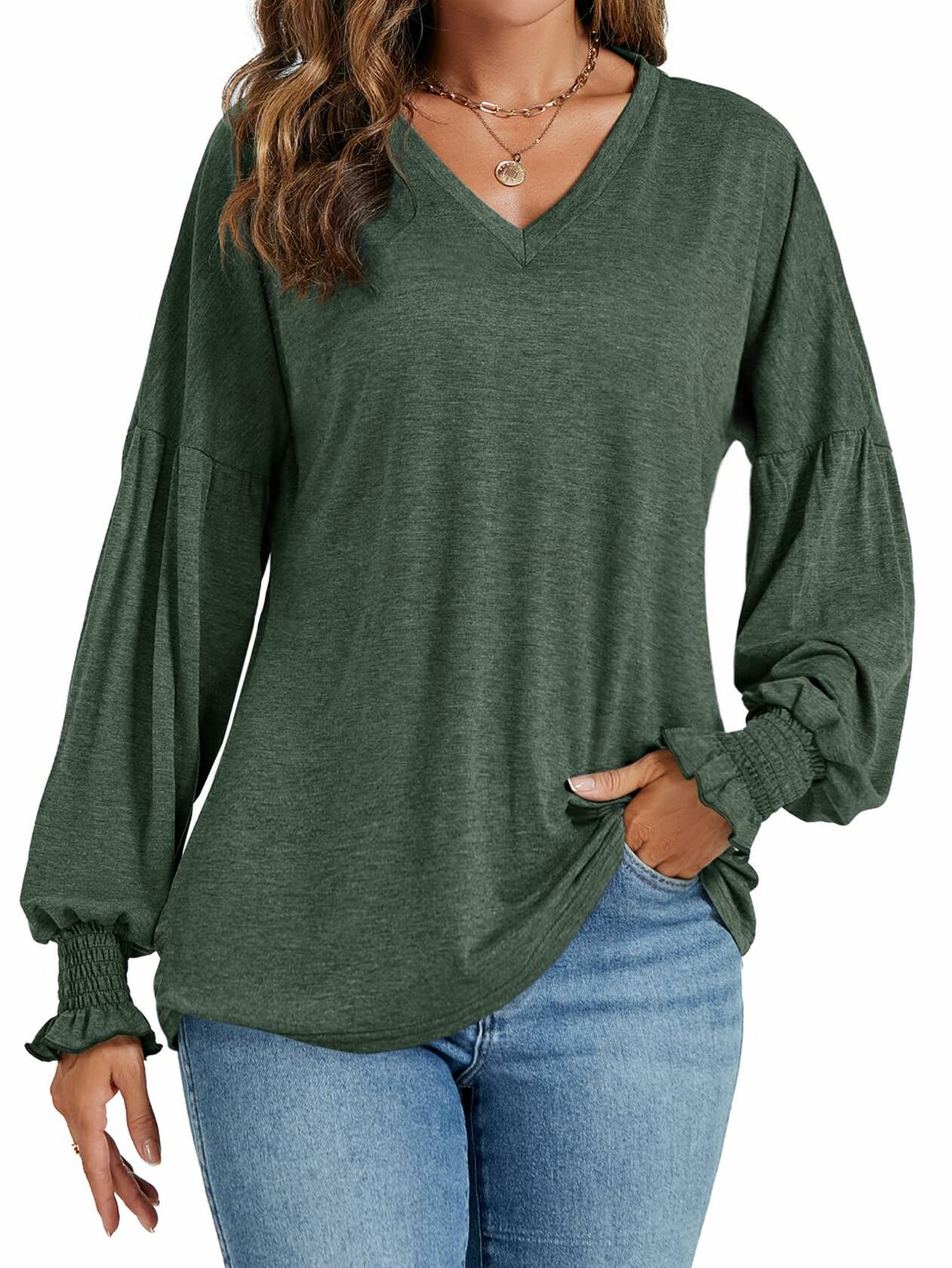 LYANER Women's V Neck Ruffle Lantern Sleeve Blouse Top Dark Green