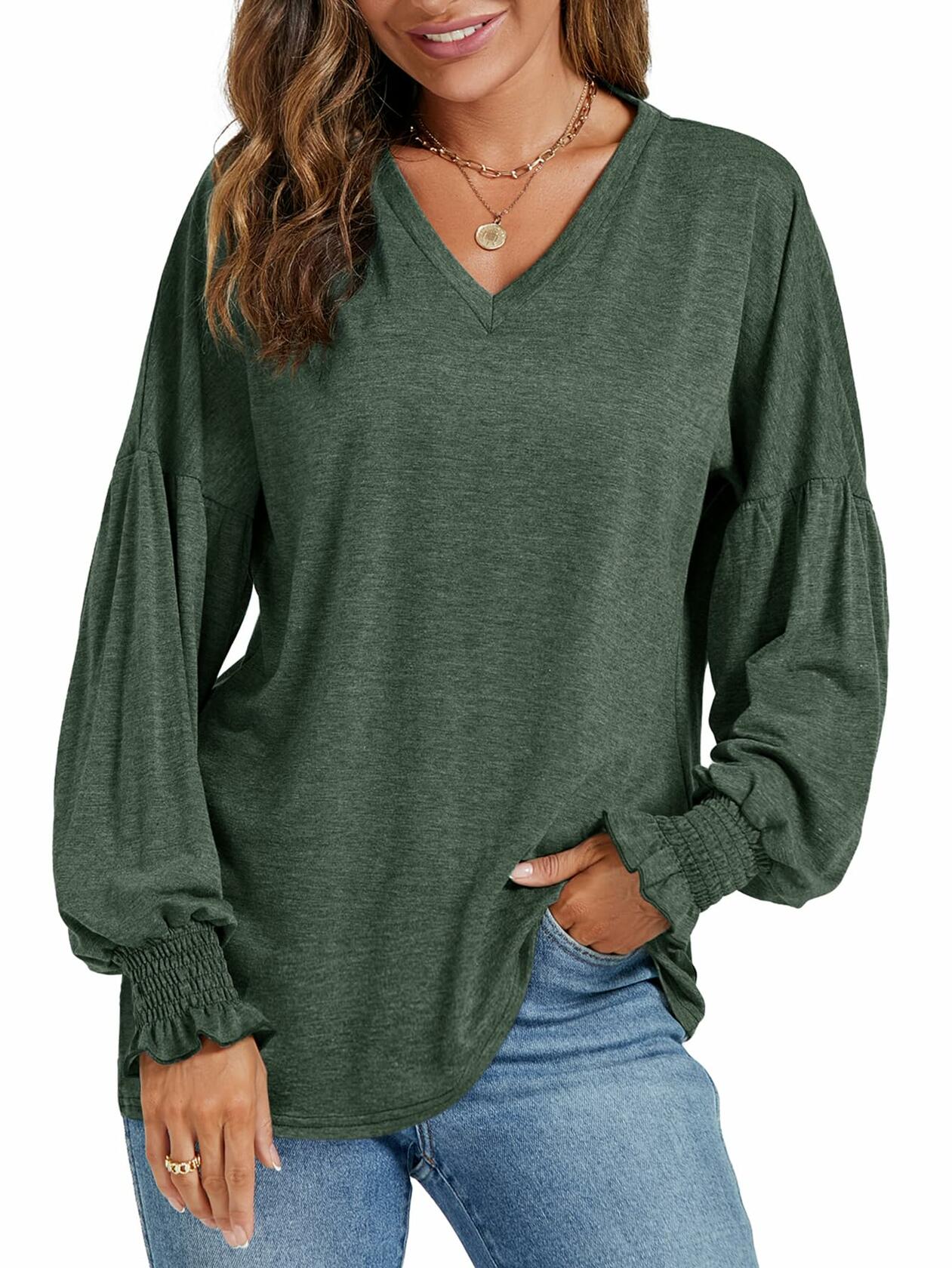 LYANER Women's V Neck Ruffle Lantern Sleeve Blouse Top Dark Green
