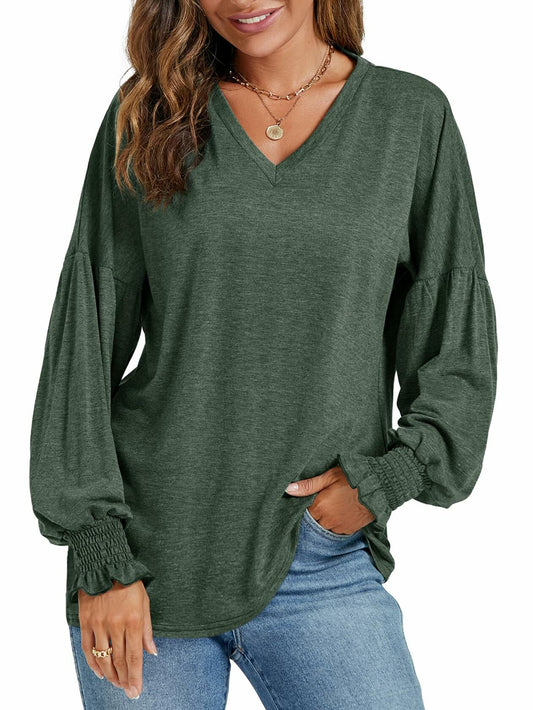 LYANER Women's V Neck Ruffle Lantern Sleeve Blouse Top Dark Green