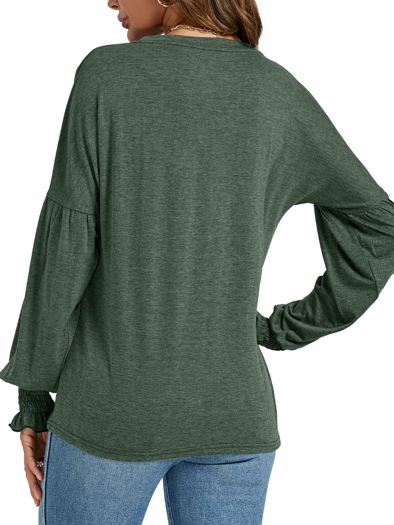 LYANER Women's V Neck Ruffle Lantern Sleeve Blouse Top Dark Green