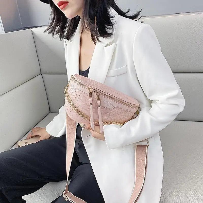 Retro Waist Fanny Pack Purse Leather with Gold Chain