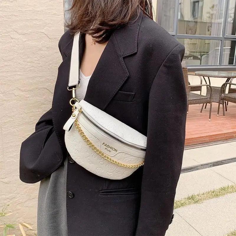 Retro Waist Fanny Pack Purse Leather with Gold Chain