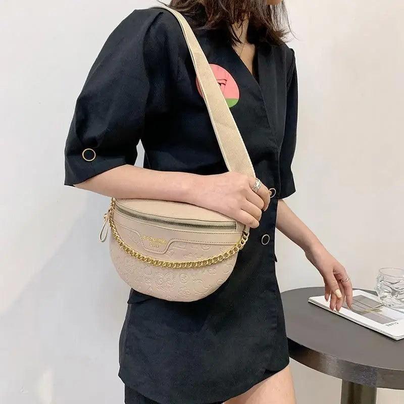 Retro Waist Fanny Pack Purse Leather with Gold Chain