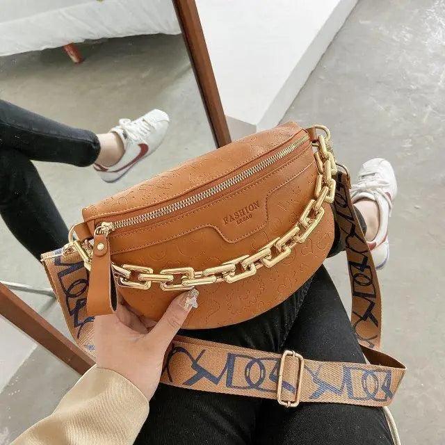 Retro Waist Fanny Pack Purse Leather with Gold Chain