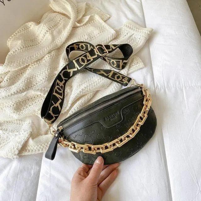 Retro Waist Fanny Pack Purse Leather with Gold Chain