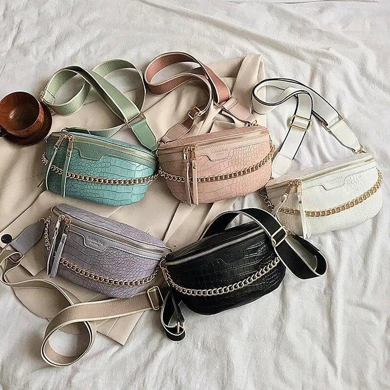 Retro Waist Fanny Pack Purse Leather with Gold Chain