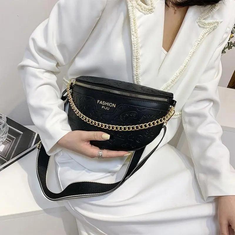 Retro Waist Fanny Pack Purse Leather with Gold Chain