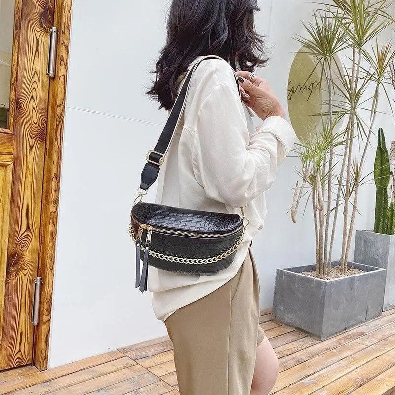 Retro Waist Fanny Pack Purse Leather with Gold Chain