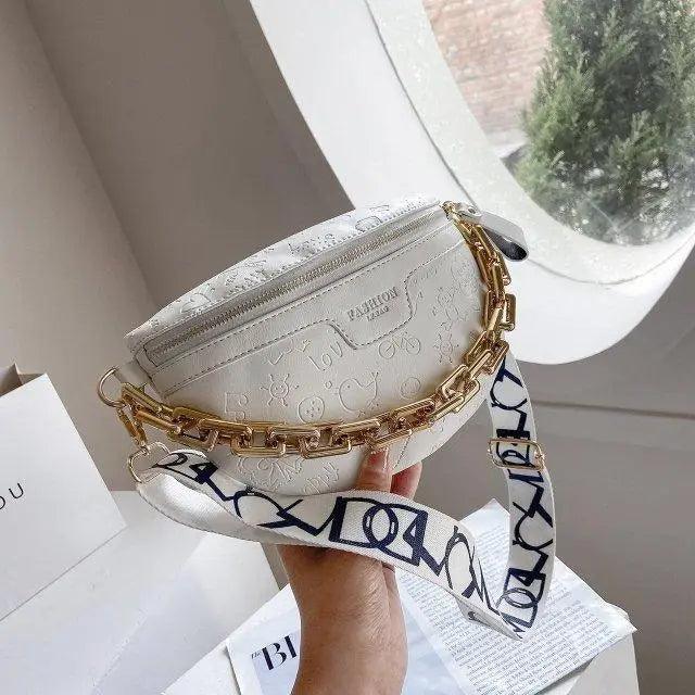 Retro Waist Fanny Pack Purse Leather with Gold Chain