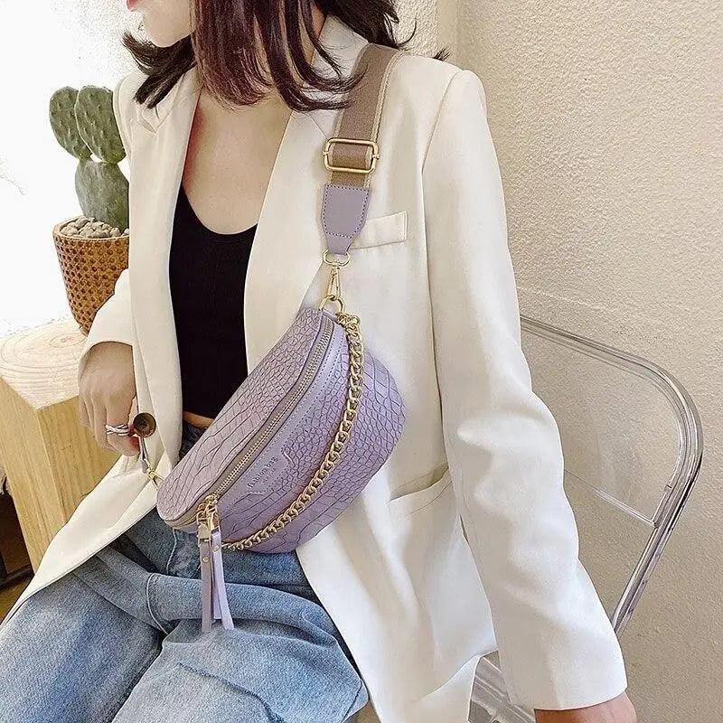 Retro Waist Fanny Pack Purse Leather with Gold Chain