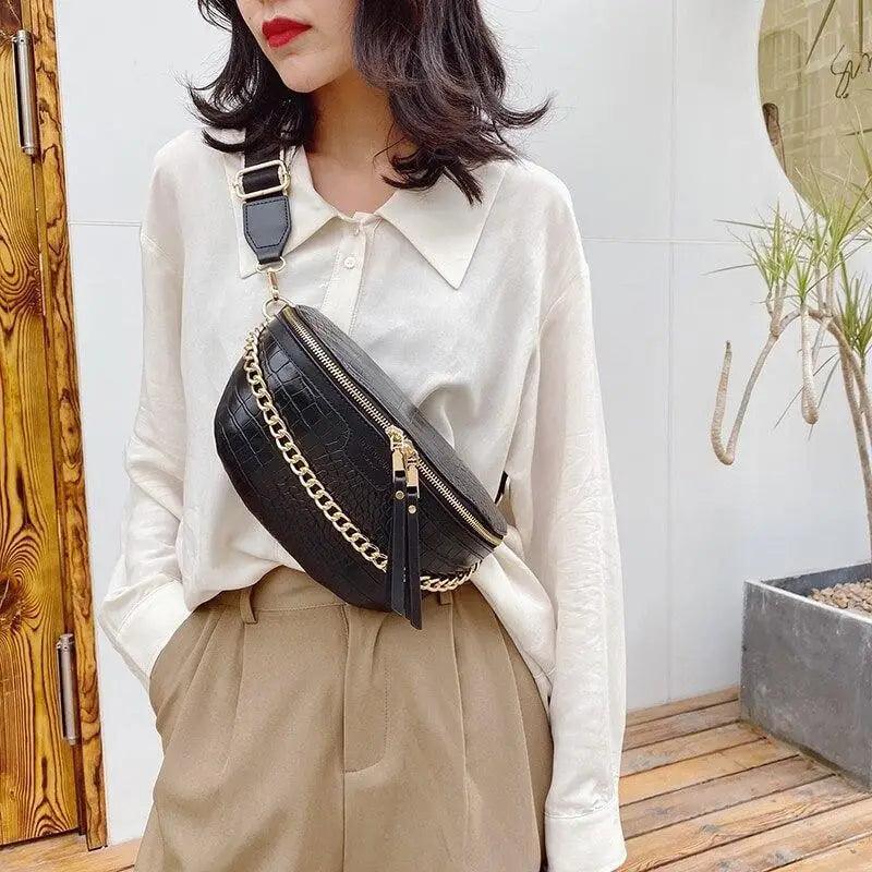 Retro Waist Fanny Pack Purse Leather with Gold Chain