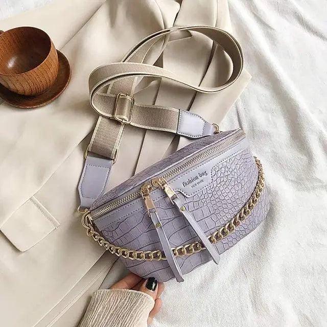 Retro Waist Fanny Pack Purse Leather with Gold Chain