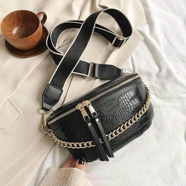 Retro Waist Fanny Pack Purse Leather with Gold Chain