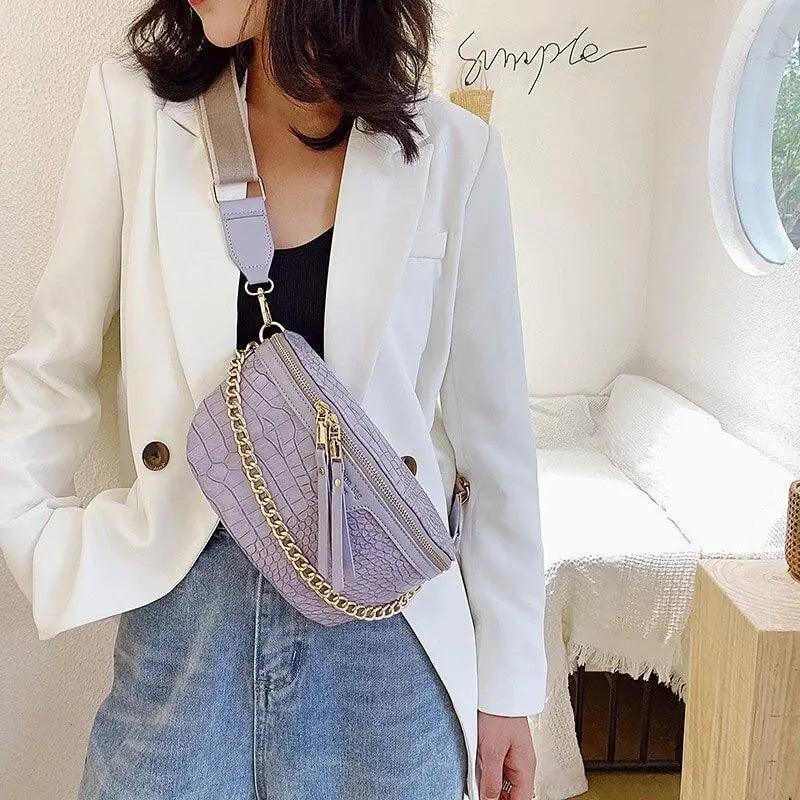 Retro Waist Fanny Pack Purse Leather with Gold Chain