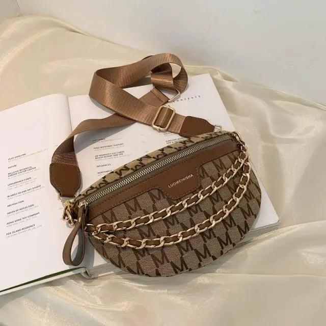 Retro Waist Fanny Pack Purse Leather with Gold Chain