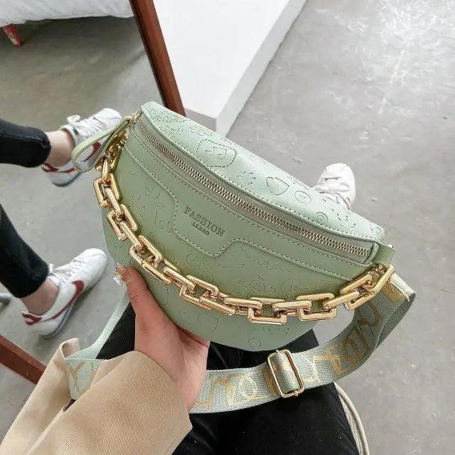 Retro Waist Fanny Pack Purse Leather with Gold Chain