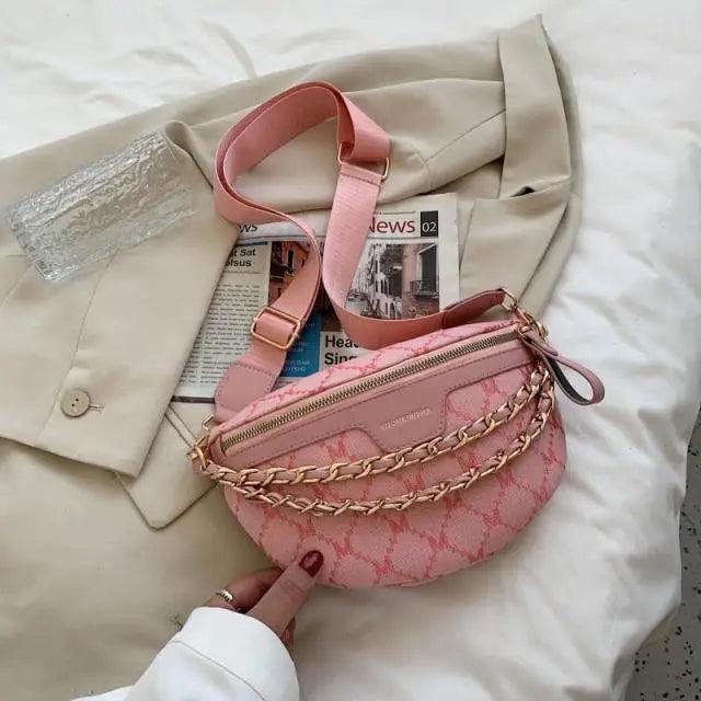 Retro Waist Fanny Pack Purse Leather with Gold Chain