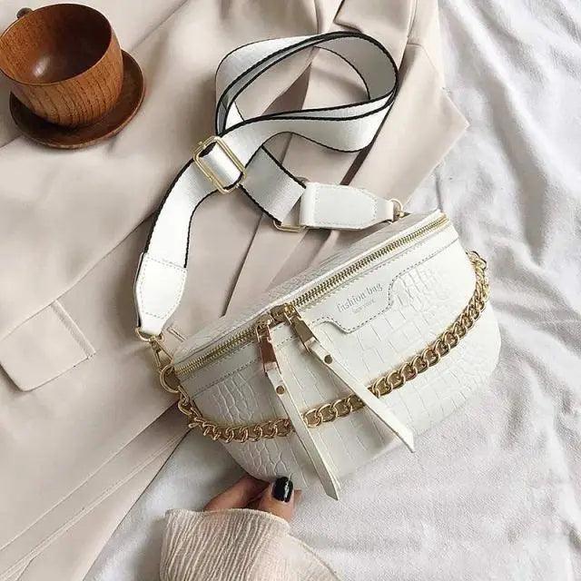 Retro Waist Fanny Pack Purse Leather with Gold Chain
