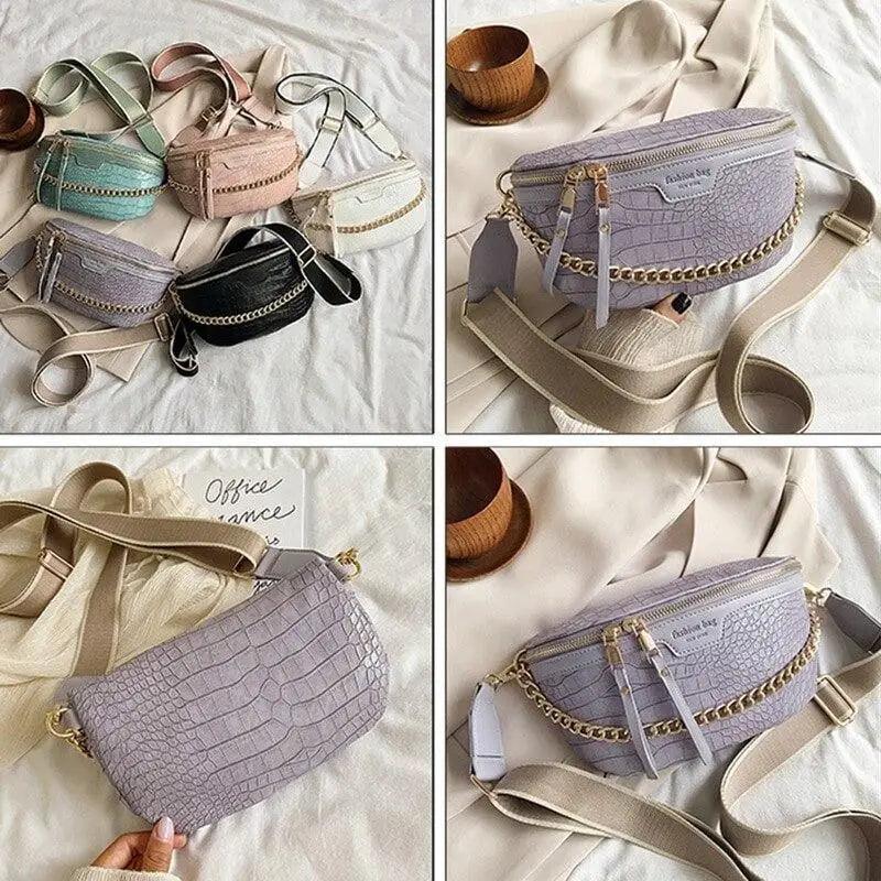Retro Waist Fanny Pack Purse Leather with Gold Chain