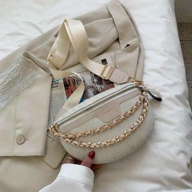 Retro Waist Fanny Pack Purse Leather with Gold Chain